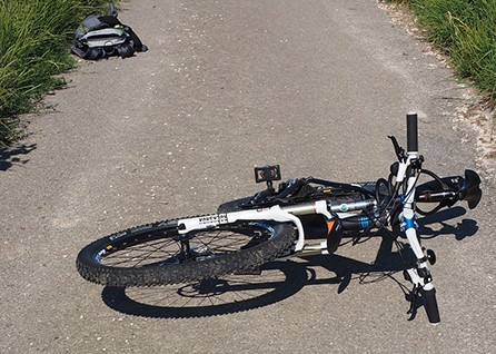 A bicycle lies on a paved path with grass on either side, and a backpack is visible in the background.