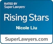 Blue badge reading "Rated by Super Lawyers" at the top, "Rising Stars" in large text, with "Nicole Liu" below, and "SuperLawyers.com" at the bottom.