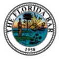 Seal of The Florida Bar, 1950, featuring a person, palm trees, and water with a sunset background inside a circular border.